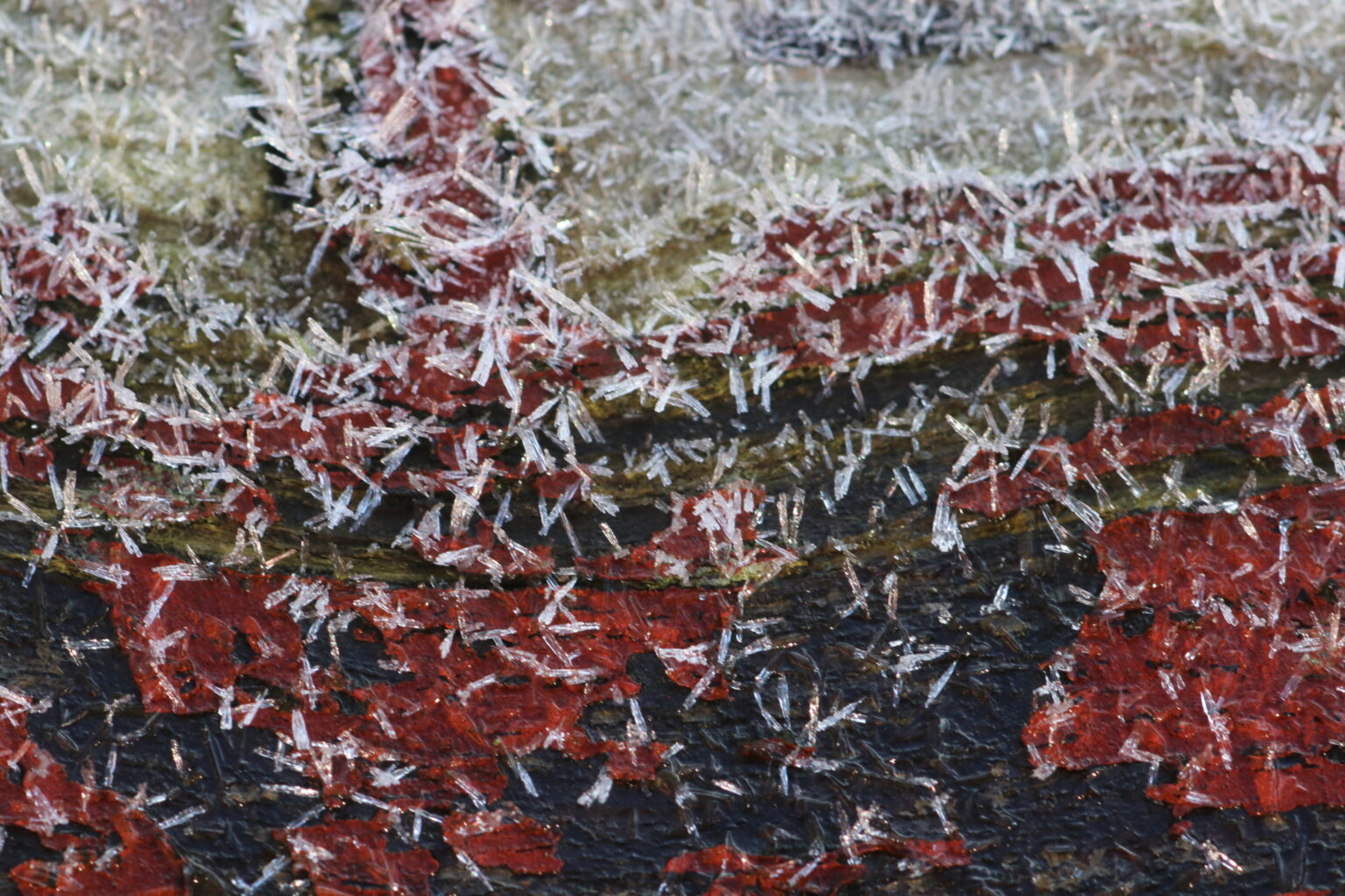Eiskristalle auf Holzgeländer
